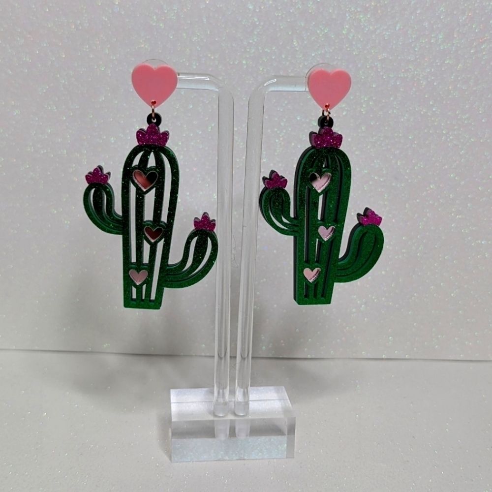 Cactus Valentine's Day Pink Glitter Heart Drop Earrings - Picture 1 of 5